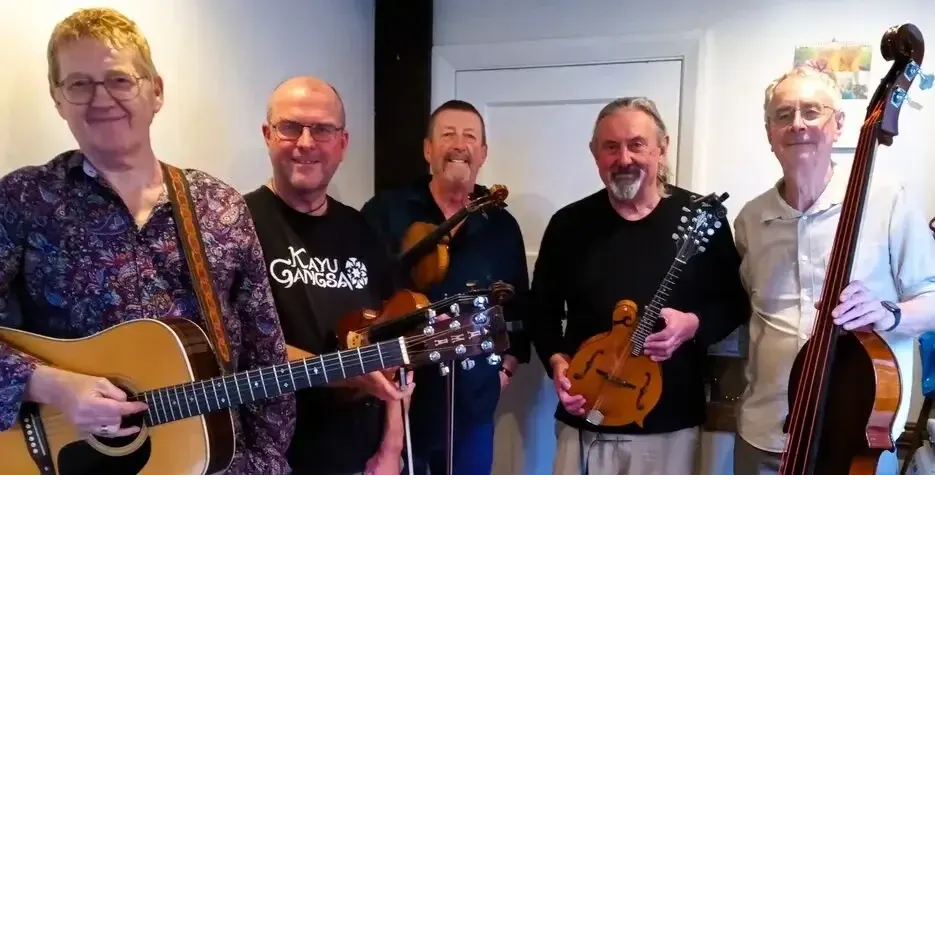 A photo of King Kontra String Band holding their instruments.