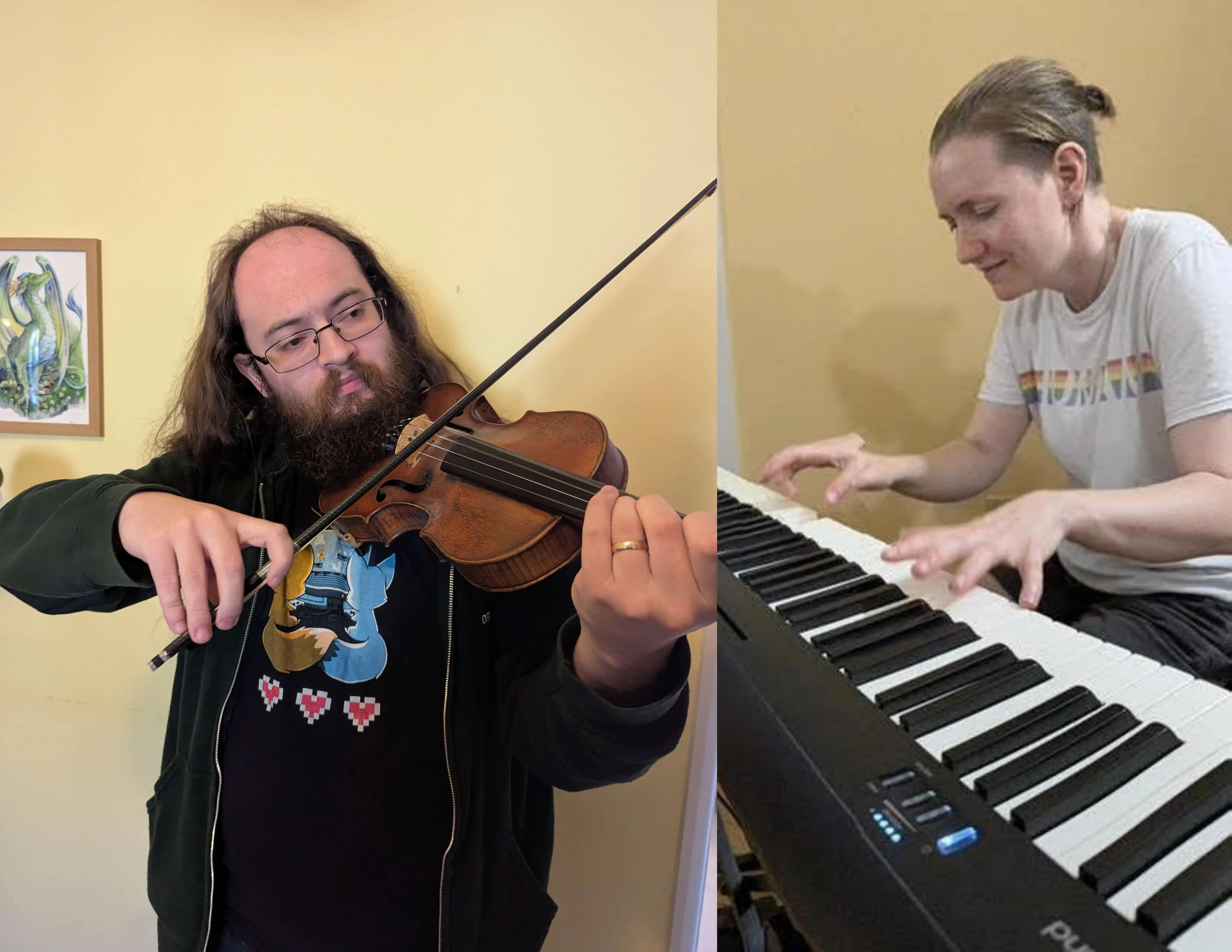 Benjamin plays violin, Heather plays Piano